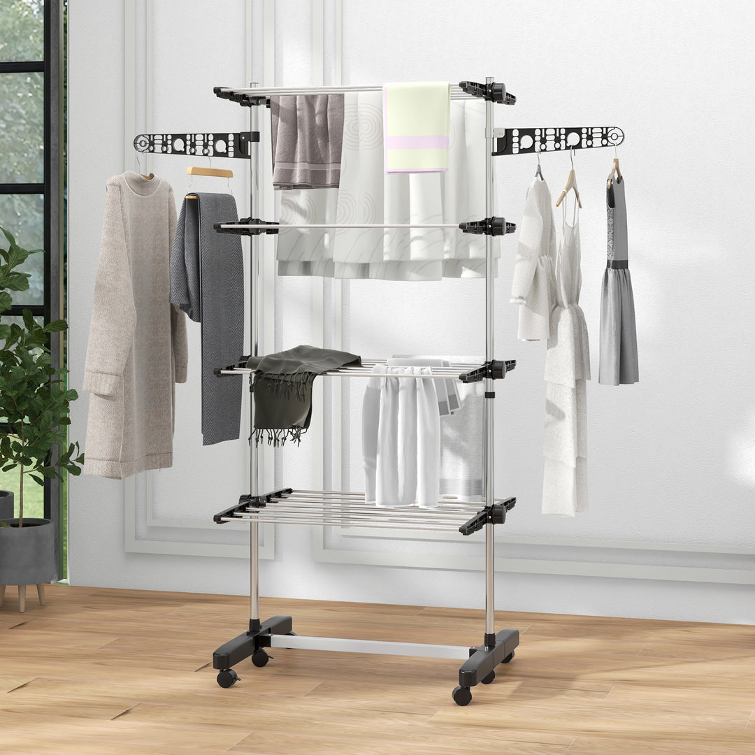 HOMCOM Garment Drying Rack Stainless Steel Folding Clothes Hanging Rack with Side Wings Castors for Indoor Outdoor Grey