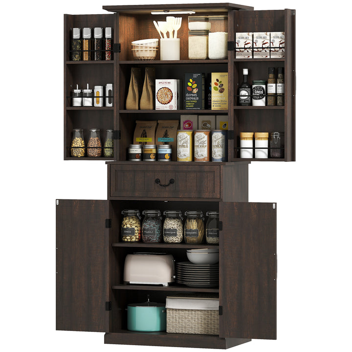 HOMCOM 71" LED Kitchen Pantry Cabinet, Farmhouse Storage Cabinet with Door Shelves, Distressed Brown