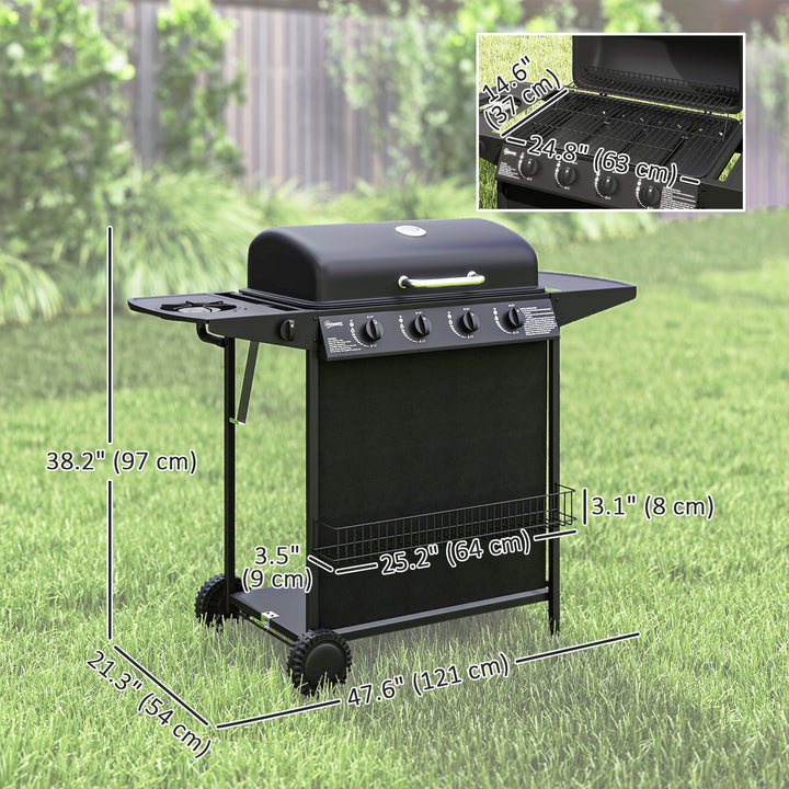 Outsunny 4+1 Burner Propane Gas BBQ Grill, Portable Gas Barbecue Grill with Side Burner, Thermometer, Lid, Side Table, Shelf, Spice Rack, Wheels, Grease Cup for Garden, Black