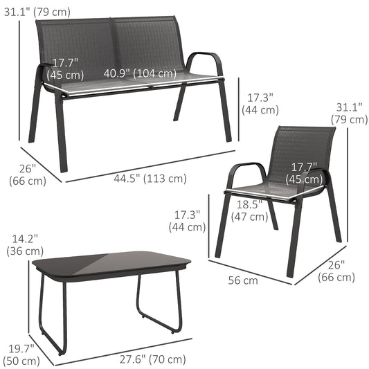 Outsunny 4 Pieces Outdoor Furniture Set with 2 Stackable Chairs, Loveseat, Patio Conversation Set with Glass Coffee Table, Black
