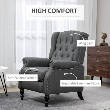 HOMCOM Wingback Reclining Chair with Footrest, Button Tufted Recliner Chair with Rolled Armrests for Living Room, Dark Grey
