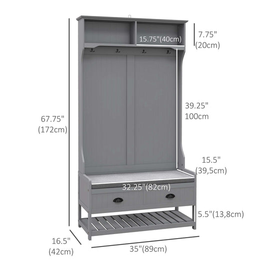 HOMCOM Coat Rack Shoe Bench, Hall Tree with Bench and Shoe Storage, Entryway Bench with 4 Hooks, 2 Drawers, 2 Shelves, Grey