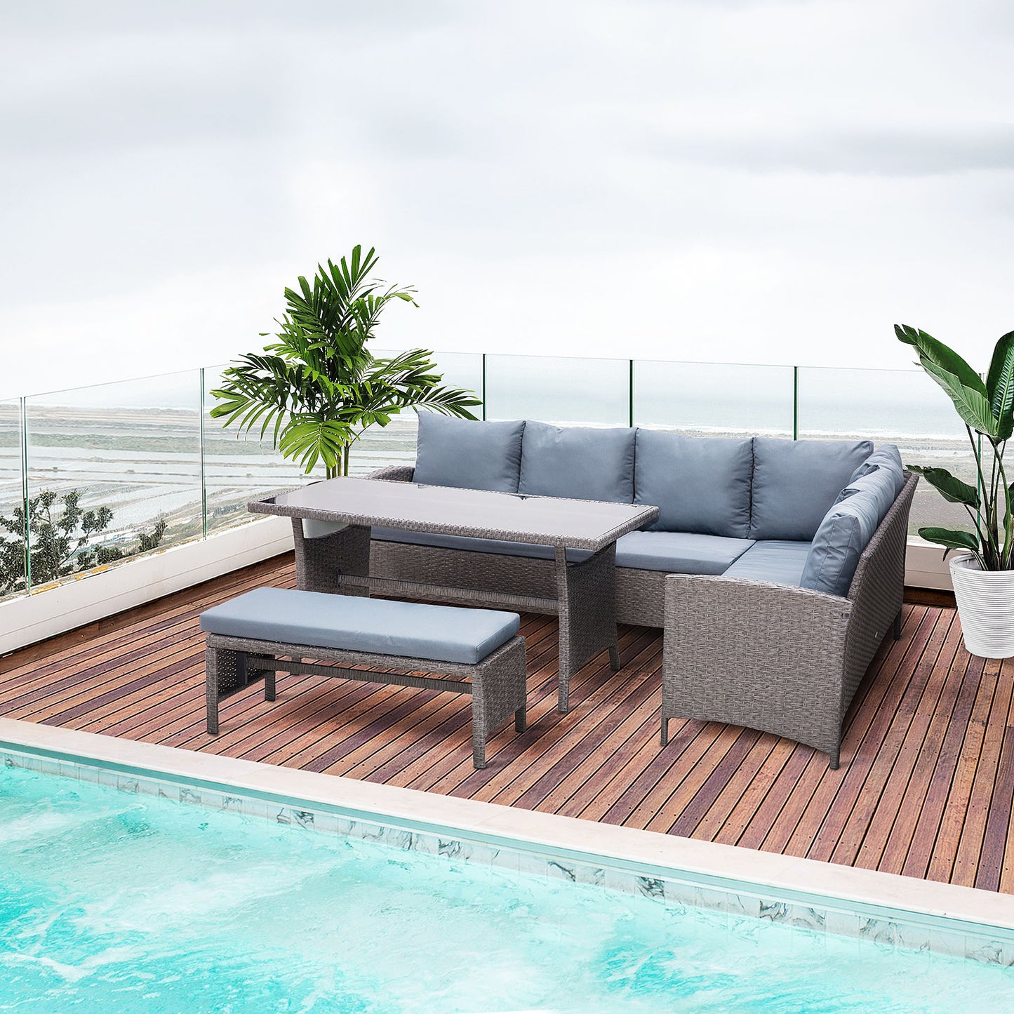 Outsunny 4 Piece Outdoor Patio Rattan Wicker Dining Table Bench Patio Furniture Sofa