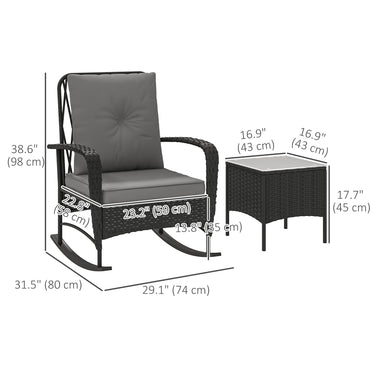 Outsunny 3 Pieces Rattan Bistro Set, Wicker Patio Furniture with Rocking Chairs, Thick Cushions for Porch Balcony, Grey