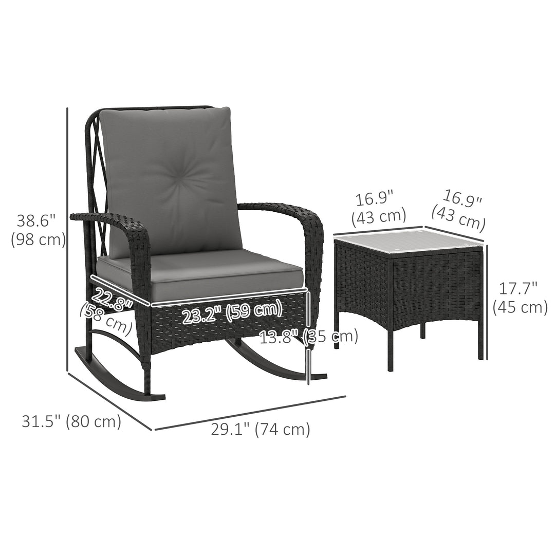 Outsunny 3 Pieces Rattan Bistro Set, Wicker Patio Furniture with Rocking Chairs, Thick Cushions for Porch Balcony, Grey