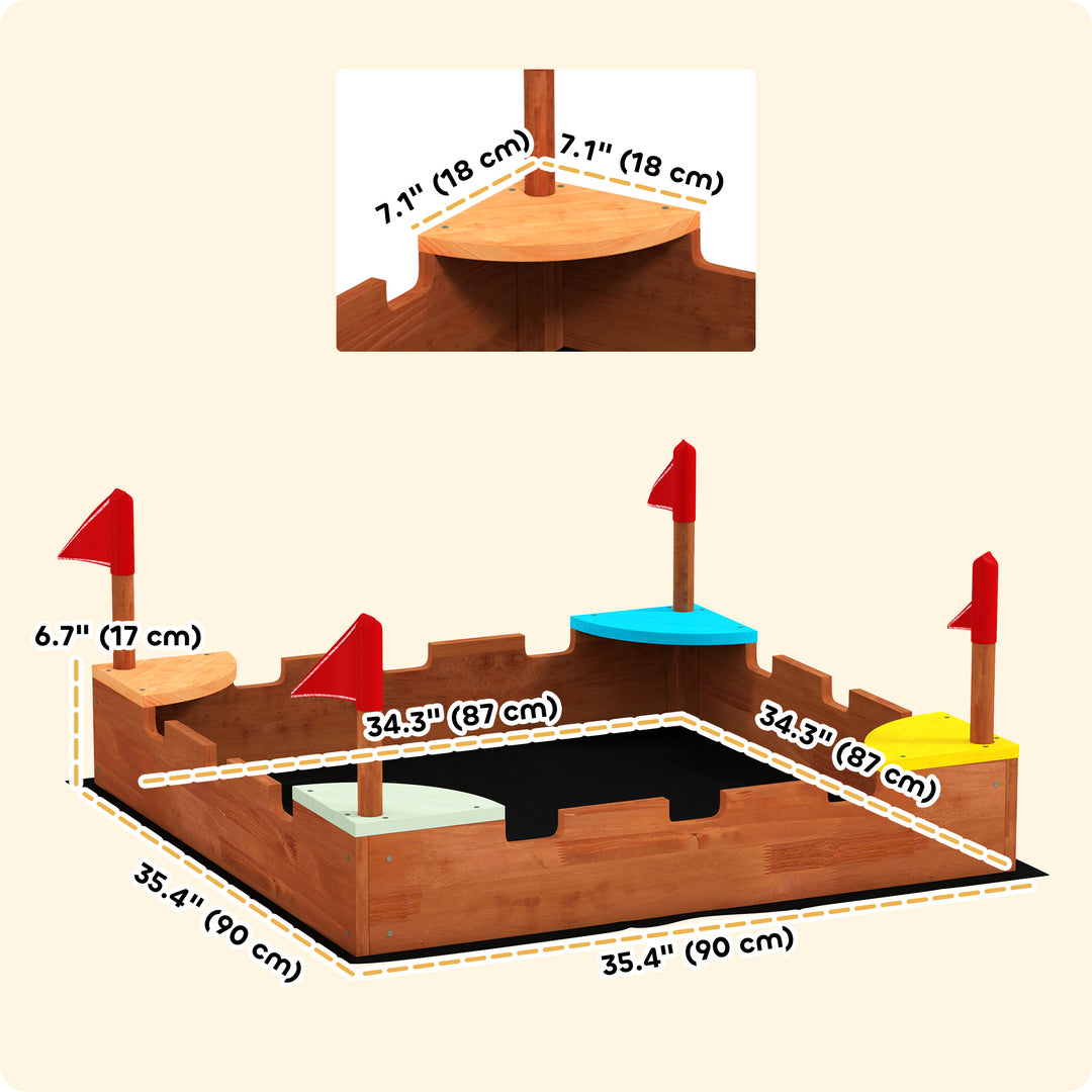 Qaba Kids Wooden Sandbox with Flags, 4 Colorful Built-in Corner Seating, Ground Liner, Gift for Ages 3-7, Wooden Brown