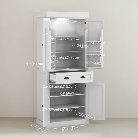 HOMCOM 71" Kitchen Pantry Cabinet with LED Lights, 6 Spice Racks, a Drawer and 4 Adjustable Shelves, White