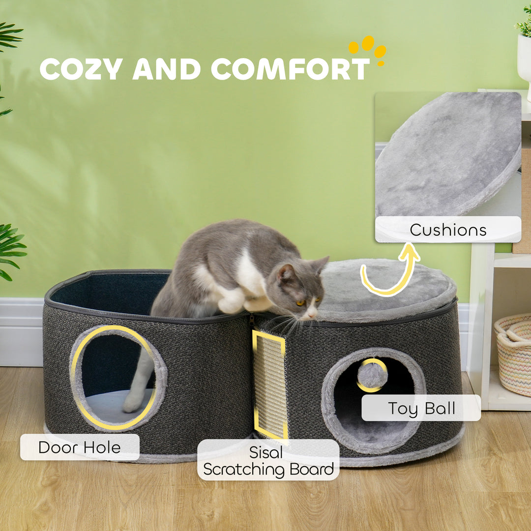 PawHut 2-Story Cat Condo Barrel Tree with Top Perch, 2 Hideaways, Scratching Board, Removable Cushions, Toy Balls, Dark Grey