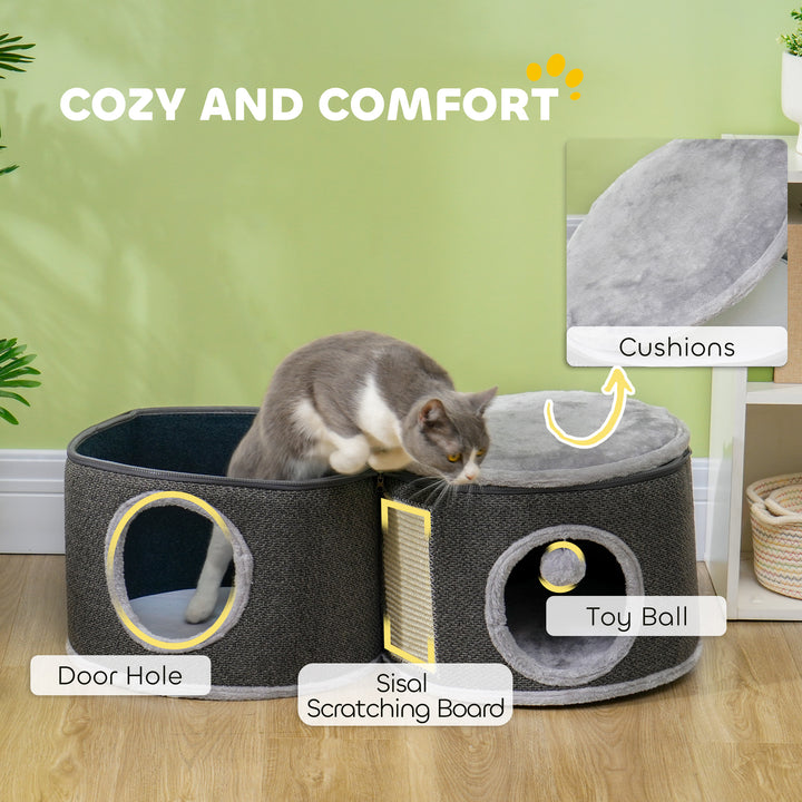 PawHut 2-Story Cat Condo Barrel Tree with Top Perch, 2 Hideaways, Scratching Board, Removable Cushions, Toy Balls, Dark Grey