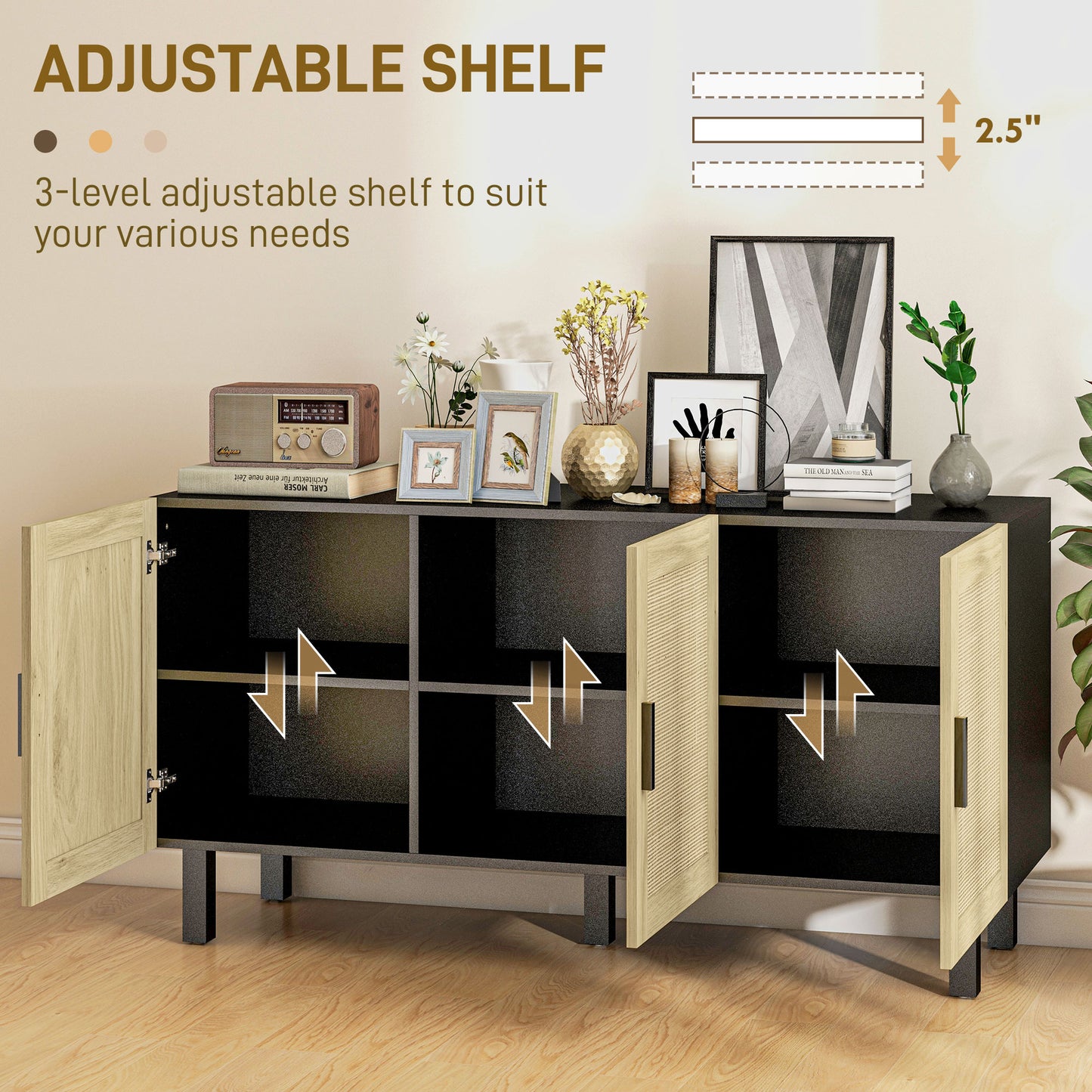 HOMCOM Boho Sideboard Buffet Cabinet with 3 Rattan Doors, Kitchen Cabinet with Adjustable Shelves, Black and Natural
