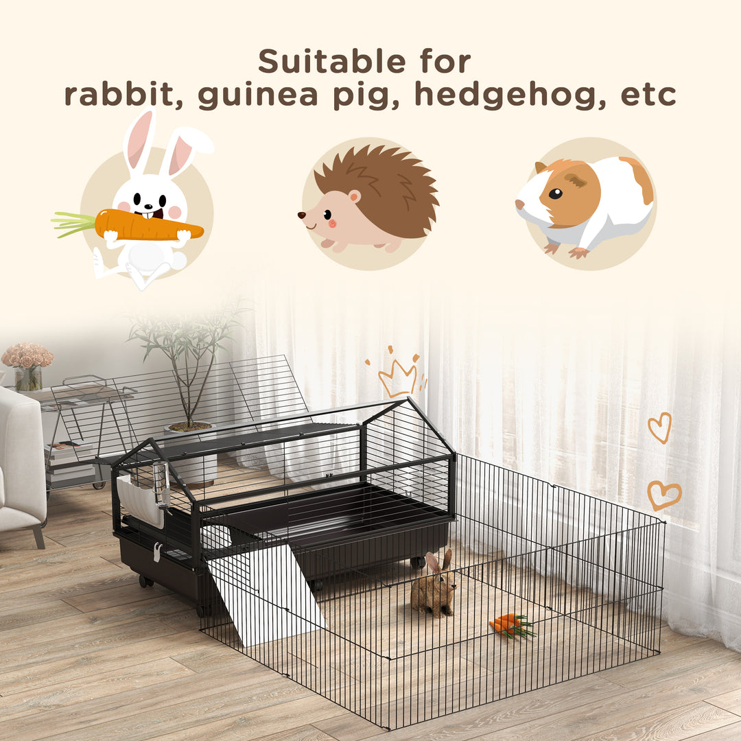 PawHut Metal Small Animal Cage, Rabbit Cage for Guinea Pig Chinchilla Hedgehog Bunny with Removable Wheels and Foldable Detachable Run Fence, 34.6" L x 50.6" W x 22" H