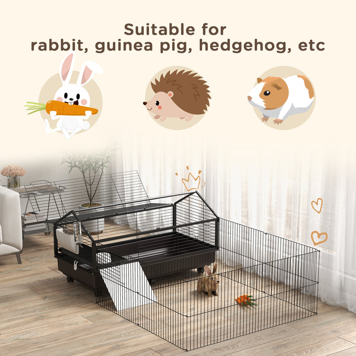 PawHut Metal Small Animal Cage, Rabbit Cage for Guinea Pig Chinchilla Hedgehog Bunny with Removable Wheels and Foldable Detachable Run Fence, 34.6" L x 50.6" W x 22" H