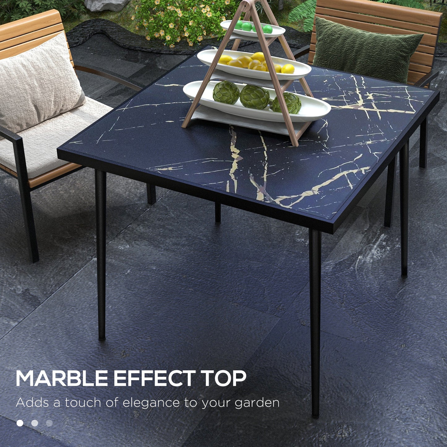 Outsunny Outdoor Dining Table for 4, Square Patio Dining Table with Marble Effect Tempered Glass Top and Steel Frame, White