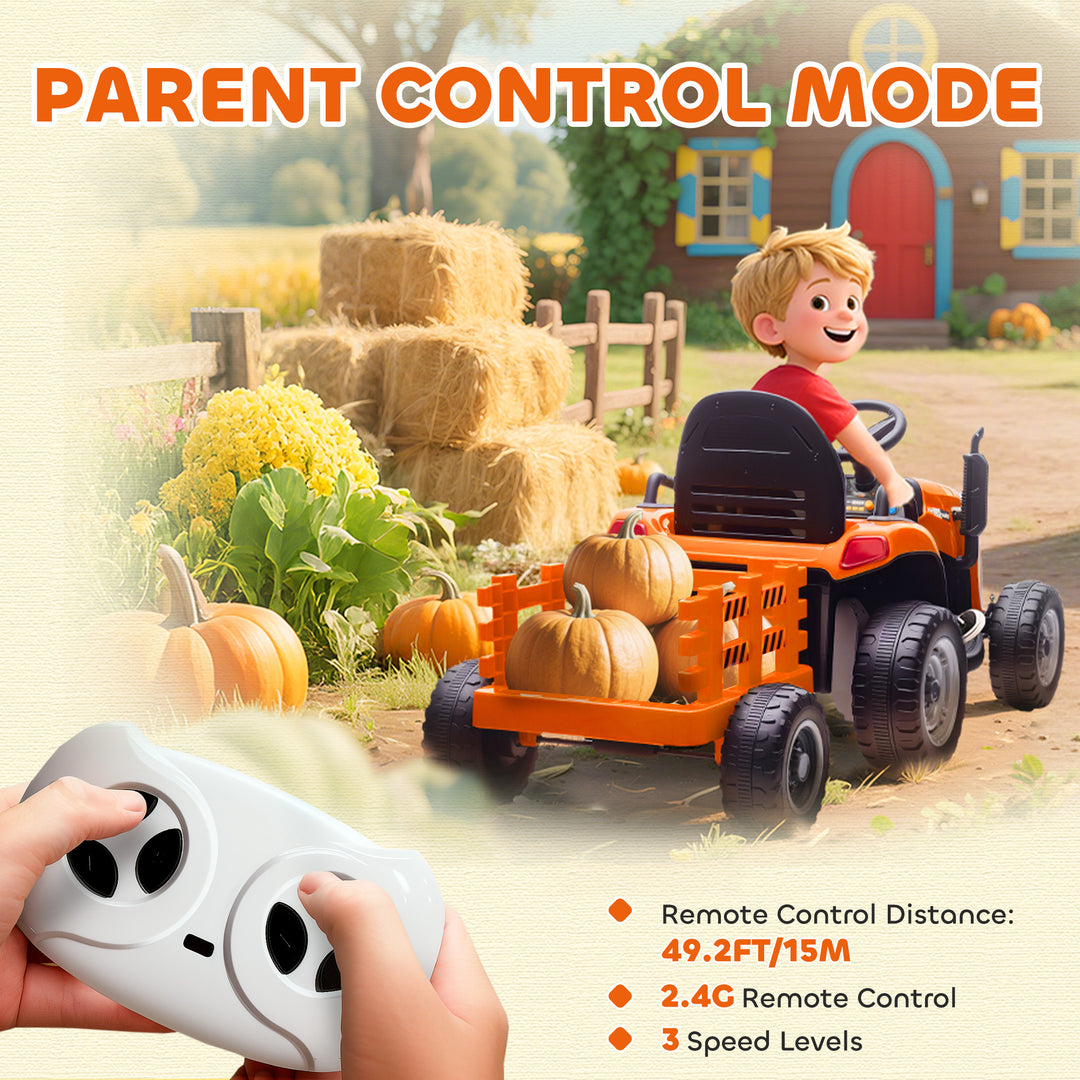 Qaba 12V Kids Ride On Tractor with Trailor, Remote Control, Music, Lights, Shifter, for Kids Ages 3-8 Years, Blue