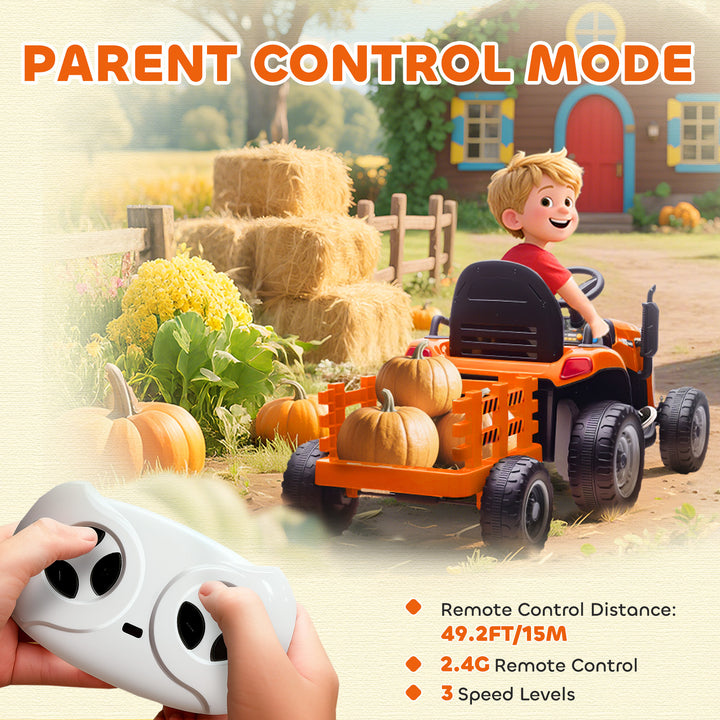 Qaba 12V Kids Ride On Tractor with Trailor, Remote Control, Music, Lights, Shifter, for Kids Ages 3-8 Years, Blue