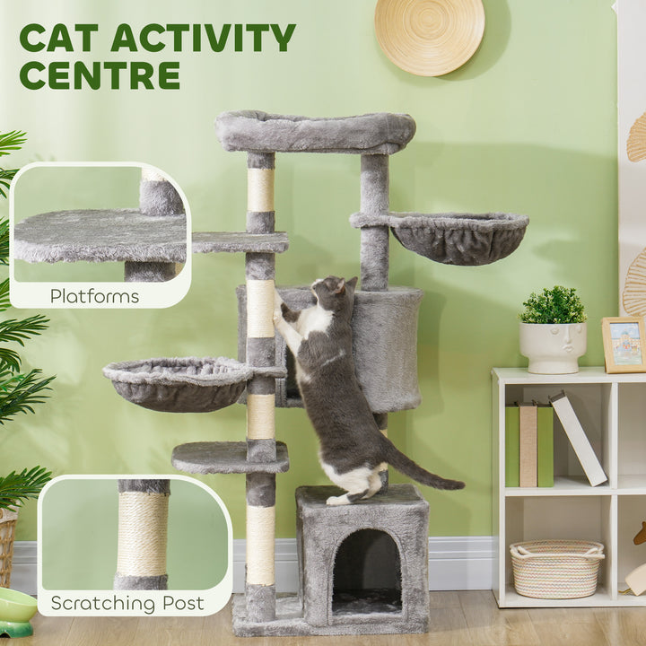 PawHut 52.5" Cat Tree Tower with Scratching Posts, Cat Condos, Bed, Platforms, Hammocks, for Indoor Cats, Dark Grey