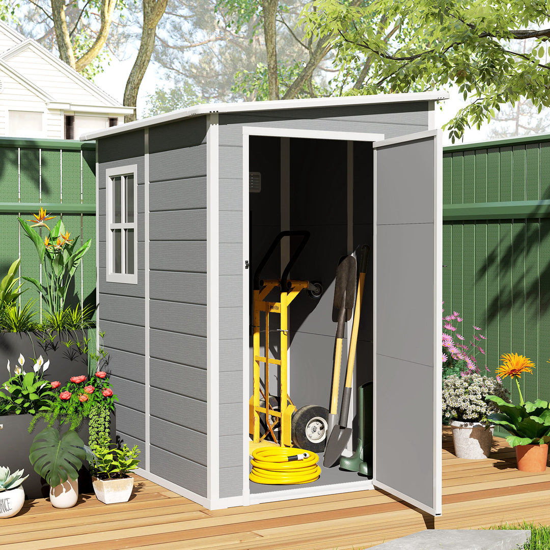 Outsunny 4'x5' Garden Tool Storage Shed, Lean to Shed with Window, Vent and Plastic Roof, Grey