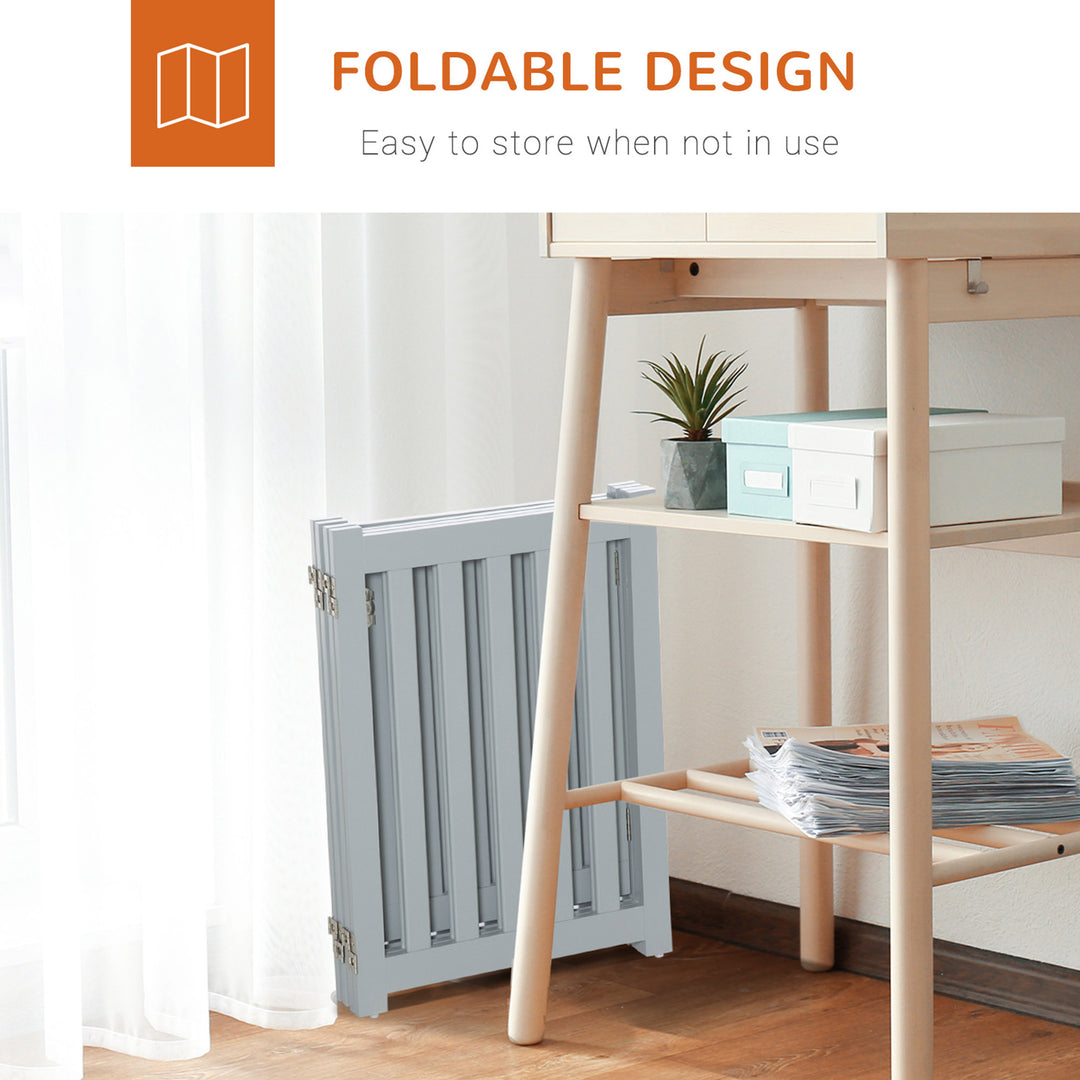 PawHut 23.5"H Foldable Dog Gate with Door, 4 Panels Freestanding Pet Gate Barriers Indoor with Support Feet, Puppy Fence for Small Dogs, Grey