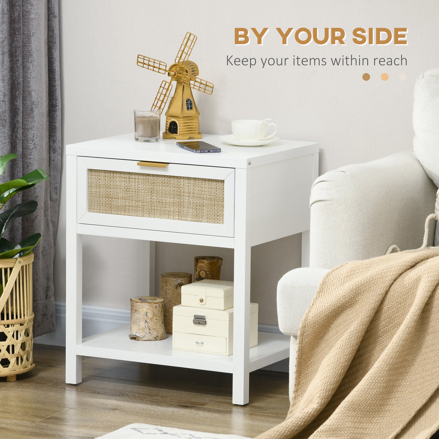 HOMCOM Boho Nightstand, Bedside Table with Rattan Drawer and Open Shelf, Side End Table for Bedroom, Living Room
