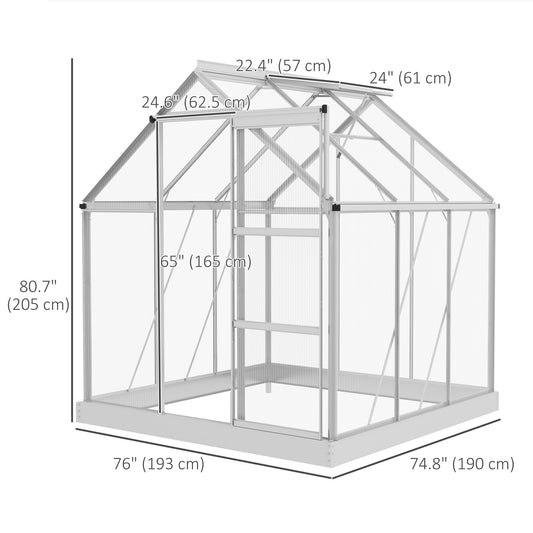 Outsunny 6' x 6' Walk-In Greenhouse, Polycarbonate Greenhouse with Sliding Door, Window, Aluminium Frame, Foundation, Silver