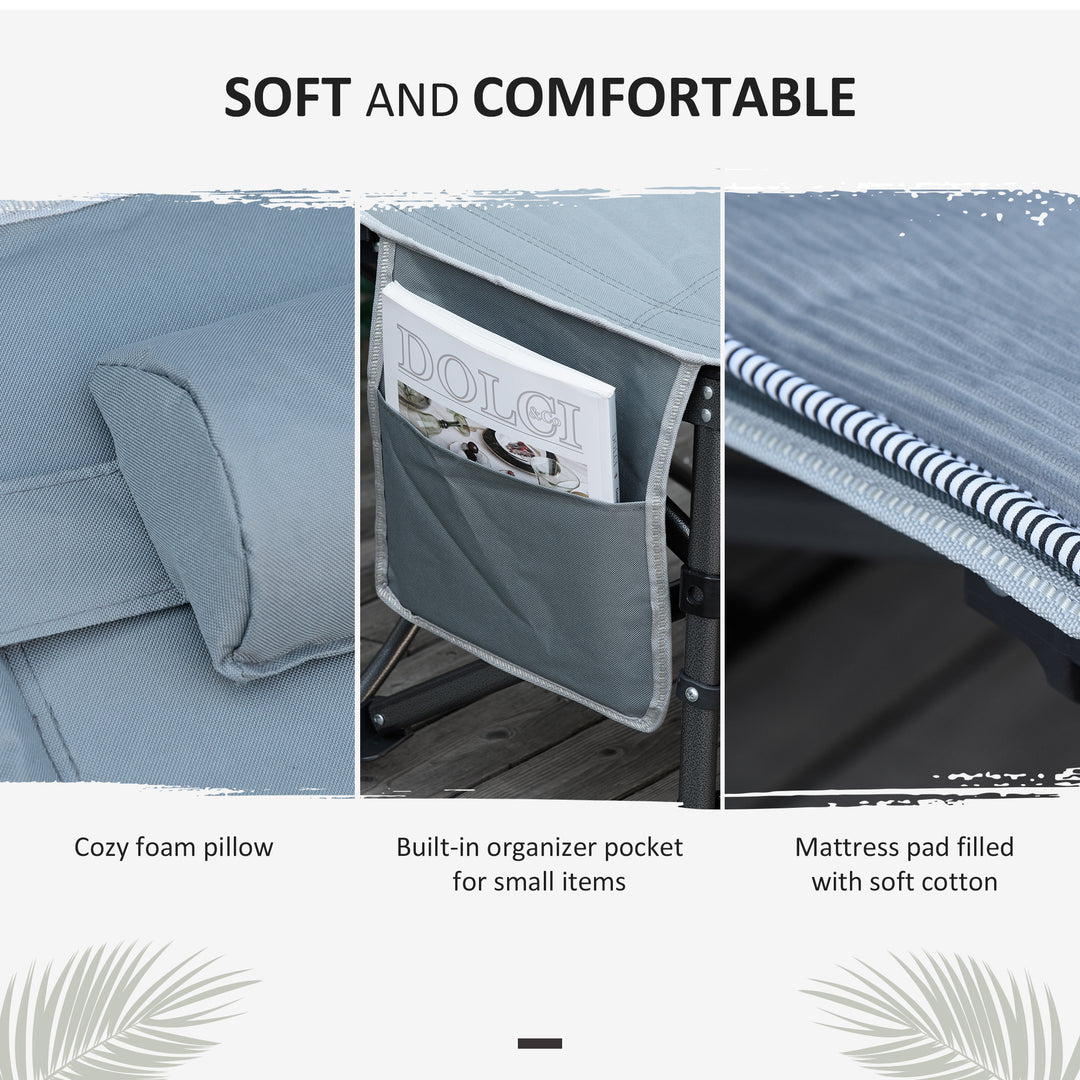 Outsunny Folding Camping Cot with Mattress & Pillow, Double Layer Oxford Heavy Duty Sleeping Cot with Carry Bag Light Grey