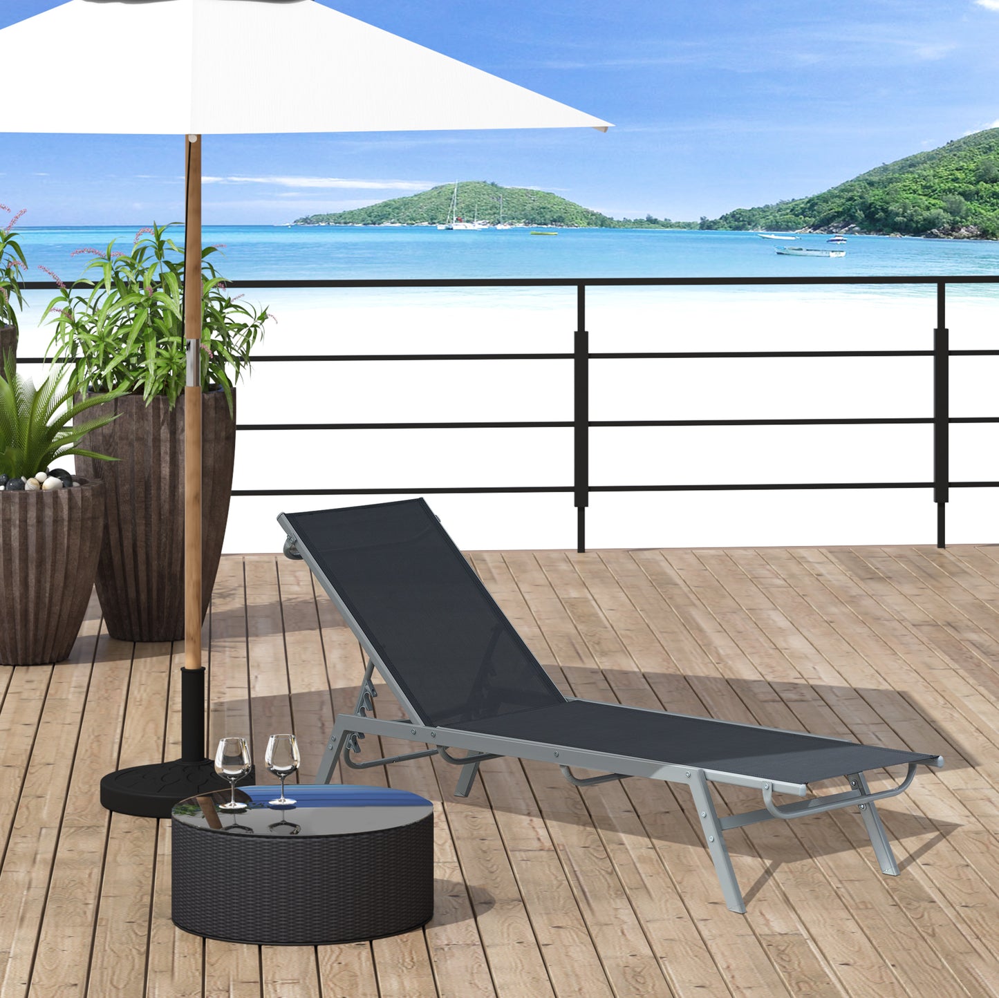 Outsunny Sun Lounger, Outdoor Chaise Lounge with 5-Position Backrest for garden, Black