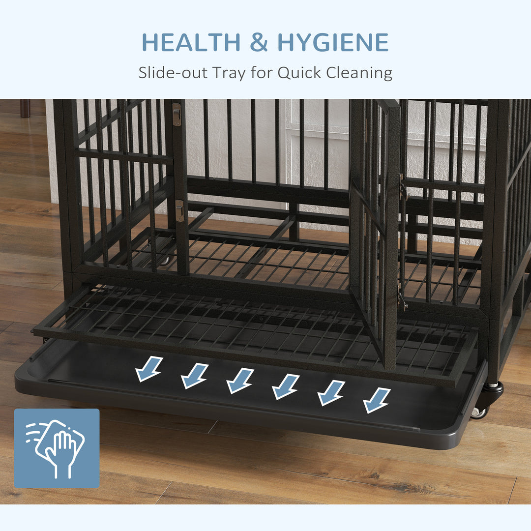 PawHut 36" Heavy Duty Steel Dog Crate Kennel Pet Cage with Wheels for Convenient Access Anti-Pinching Floor, Grey