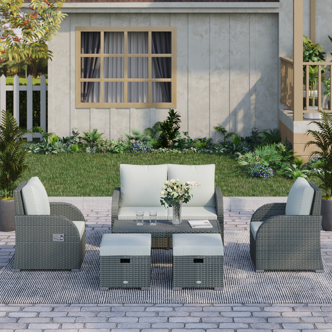 Outsunny 6 PCS Outdoor Rattan Wicker Sofa Set Patio All Weather Furniture w/ Tea Table & Cushion for Backyard Garden Grey