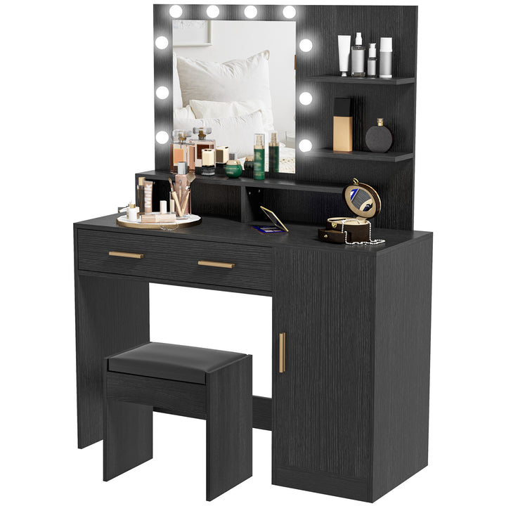 HOMCOM Illuminated Dressing Table Set, LED Vanity Table Set with Stool, LED Mirror, Drawer and Cabinet Shelves for Bedroom