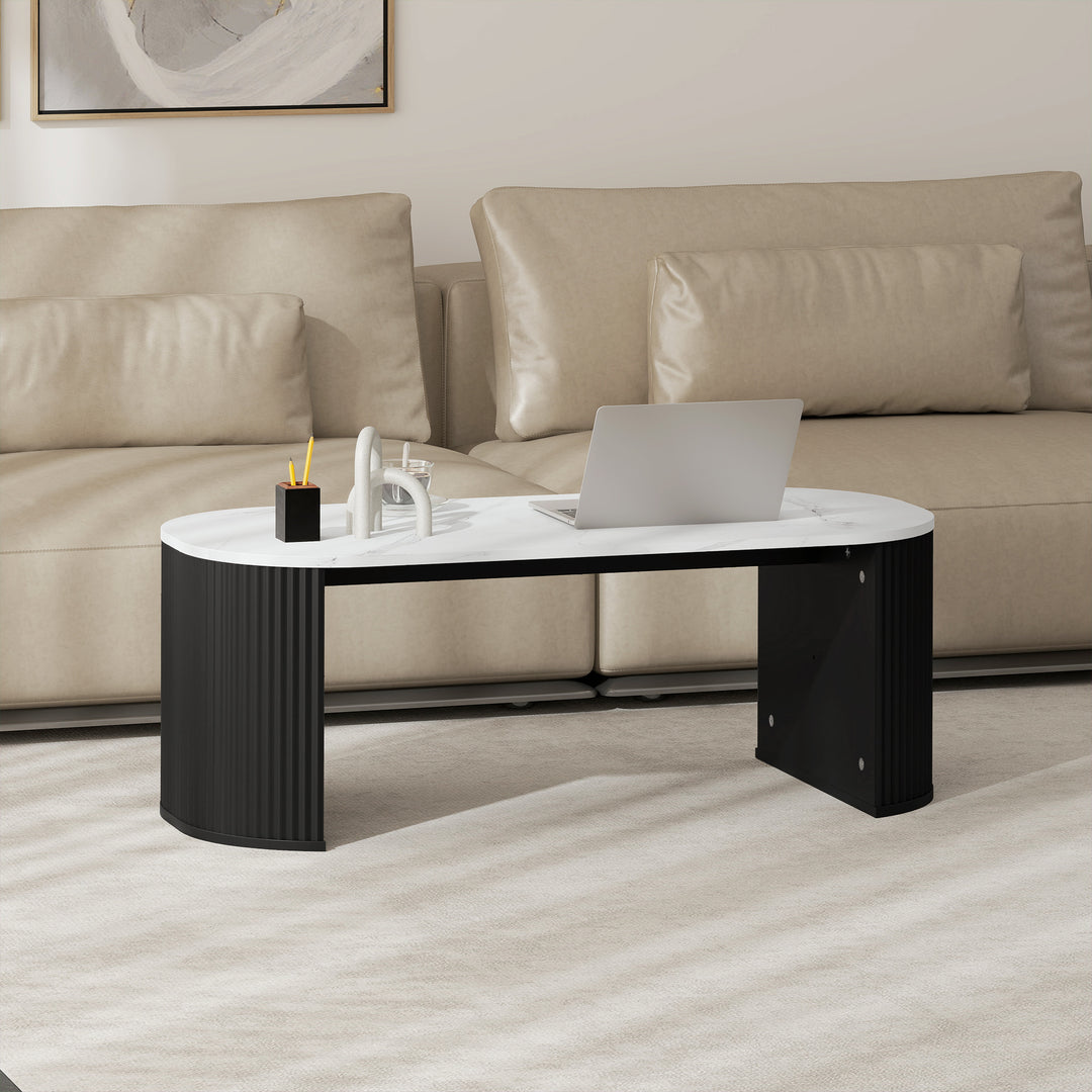HOMCOM Coffee Table, Modern Marble-Effect Living Room Table with Round Corners and Thicken Legs, Black