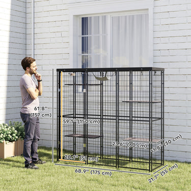 PawHut Weld Wire Catio Outdoor Indoor with Waterproof Cover, 4 Jumping Platforms, Hammock, 69" x 22" x 62", Black