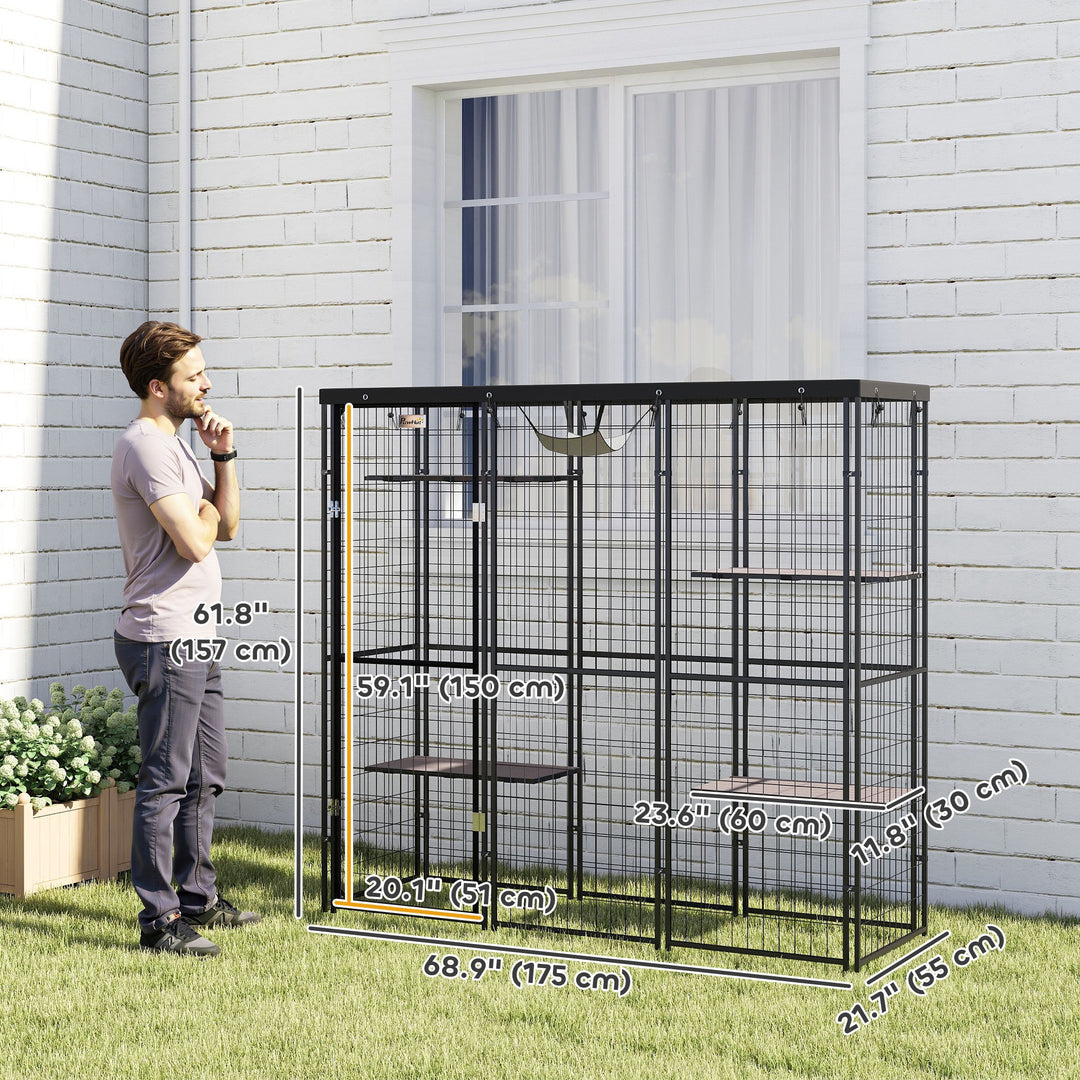 PawHut Weld Wire Catio Outdoor Indoor with Waterproof Cover, 4 Jumping Platforms, Hammock, 69" x 22" x 62", Black