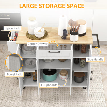 HOMCOM Modern Rolling Kitchen Island Cart with Drawers, Natural Wood Top, Towel Rack, Door Storage Cabinet, White
