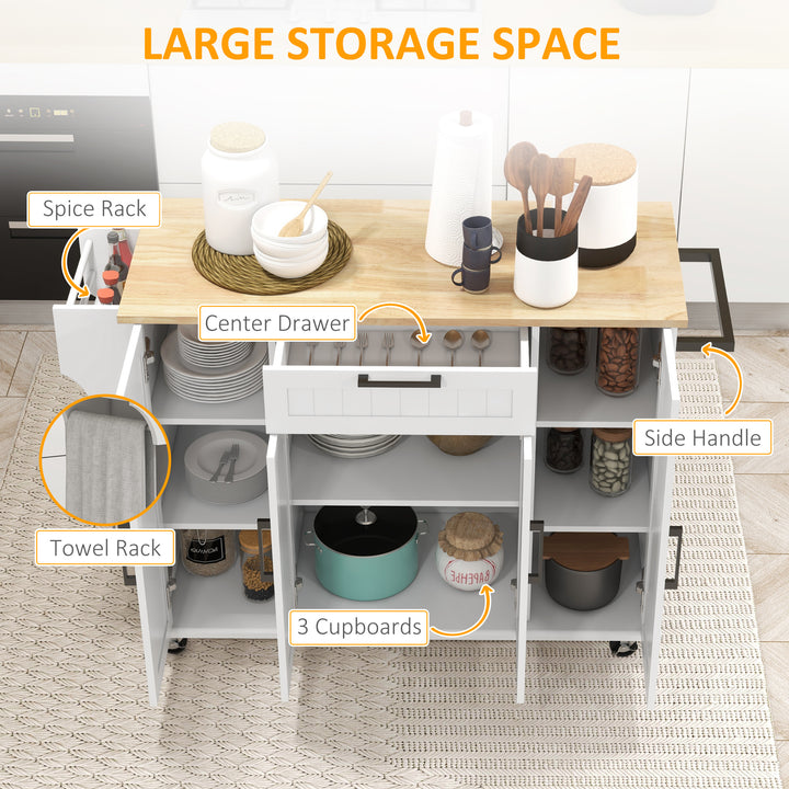 HOMCOM Modern Rolling Kitchen Island Cart with Drawers, Natural Wood Top, Towel Rack, Door Storage Cabinet, White