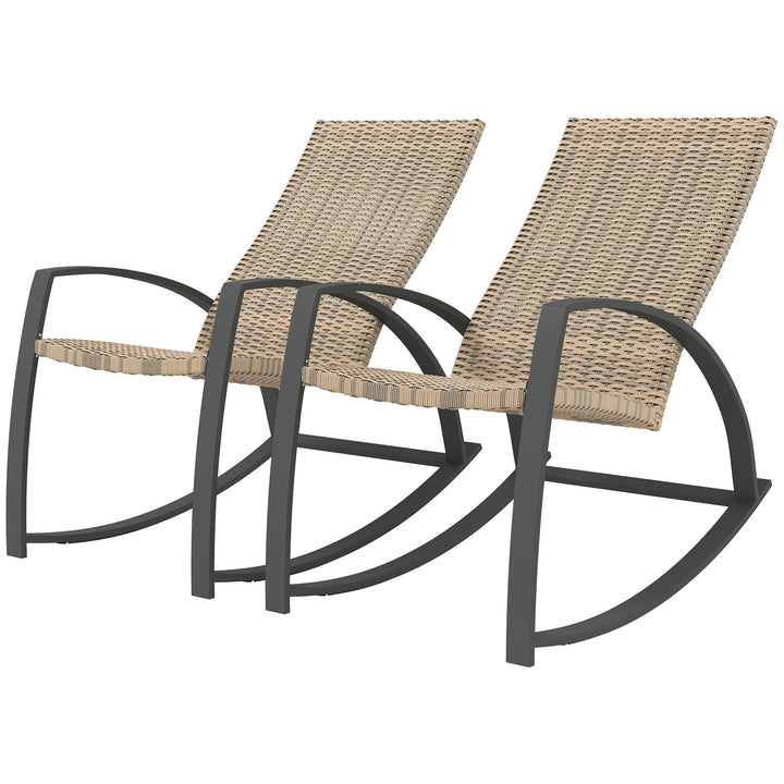 Outsunny 2 Pieces Wicker Patio Rocking Chair Set, Rattan Outdoor Rocking Chair Set with High Back, Armrests for Garden, Khaki