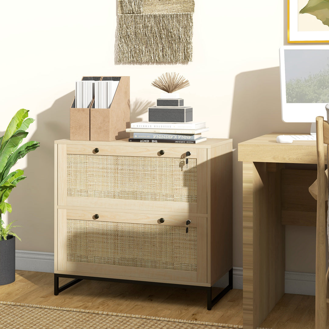 Vinsetto 2-Drawer Filing Cabinet with Lock, Rattan File Cabinet with Adjustable Hanging Bar, Natural