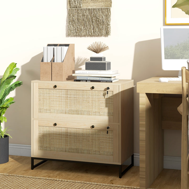 Vinsetto 2-Drawer Filing Cabinet with Lock, Rattan File Cabinet with Adjustable Hanging Bar, Natural