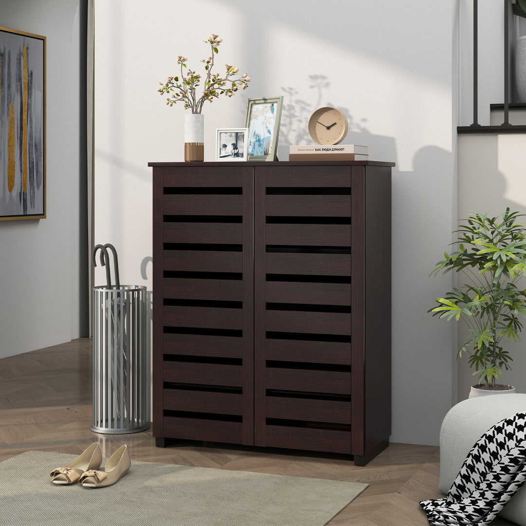 HOMCOM Narrow Shoe Cabinet with 2 Slatted Doors, Modern Shoe Storage Cabinet with Adjustable Shelves for Entryway, Hallway, Living Room, Holds 15 Pairs, Dark Brown