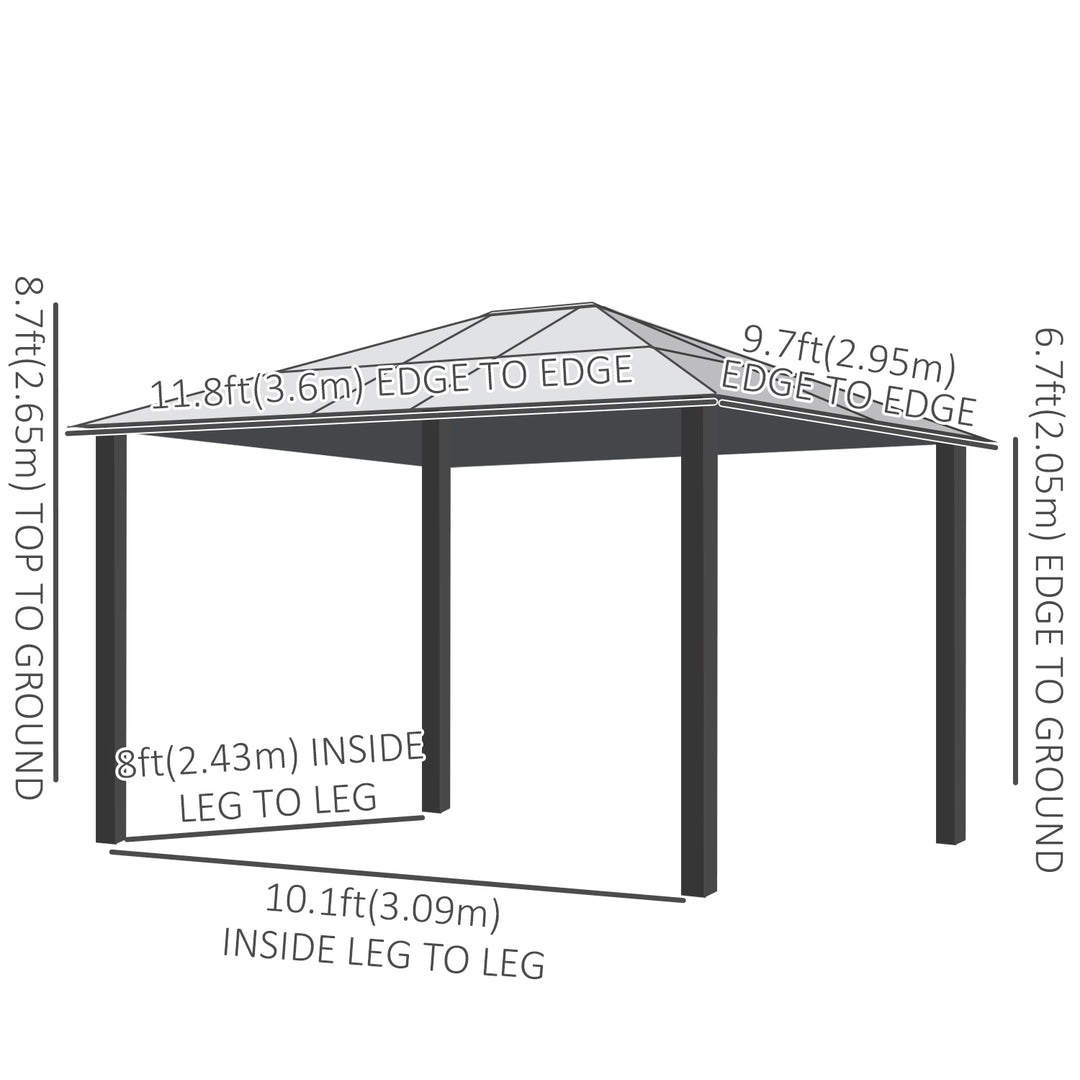 Outsunny 10' x 12' Hard Top Gazebo Canopy Sunshelter Waterproof Sun Shade with Sidewalls and Mosquito Netting