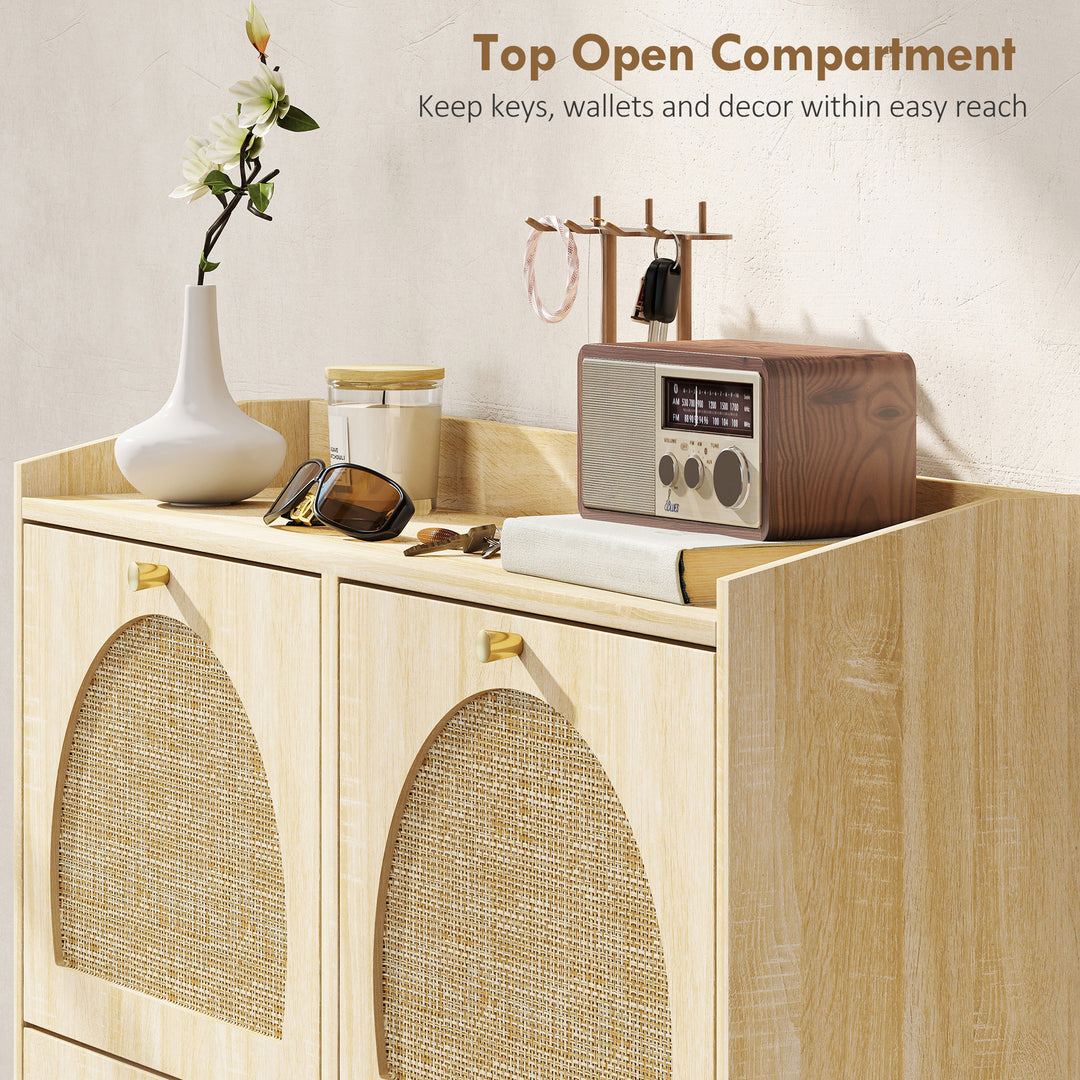 HOMCOM 4 Flip-Drawer Shoe Cabinet, Shoe Storage Cabinet with Rattan Doors and Adjustable Shelves, Holds 16 Pairs, Natural