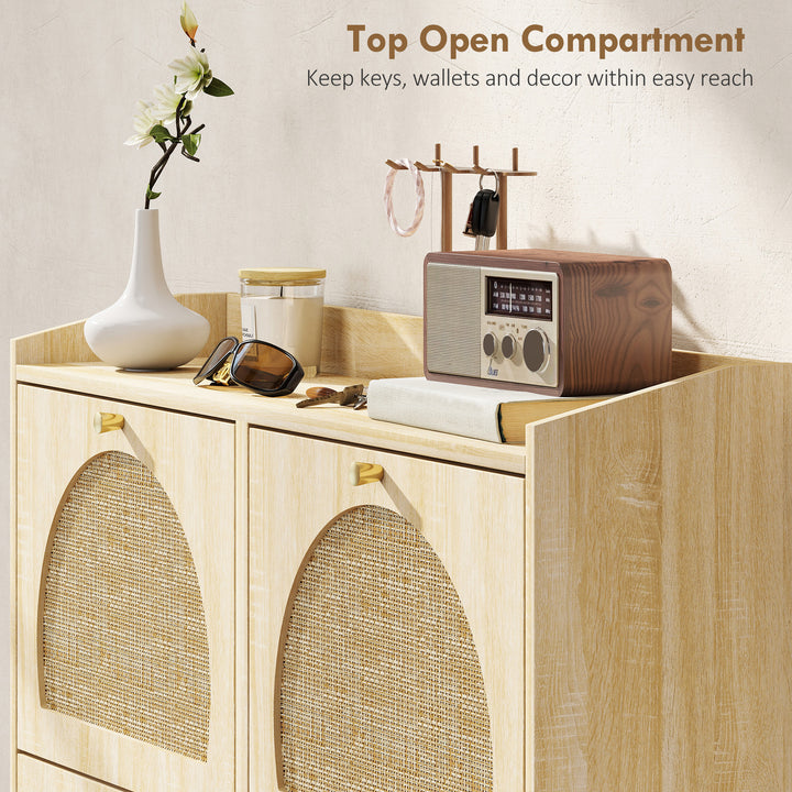 HOMCOM 4 Flip-Drawer Shoe Cabinet, Shoe Storage Cabinet with Rattan Doors and Adjustable Shelves, Holds 16 Pairs, Natural