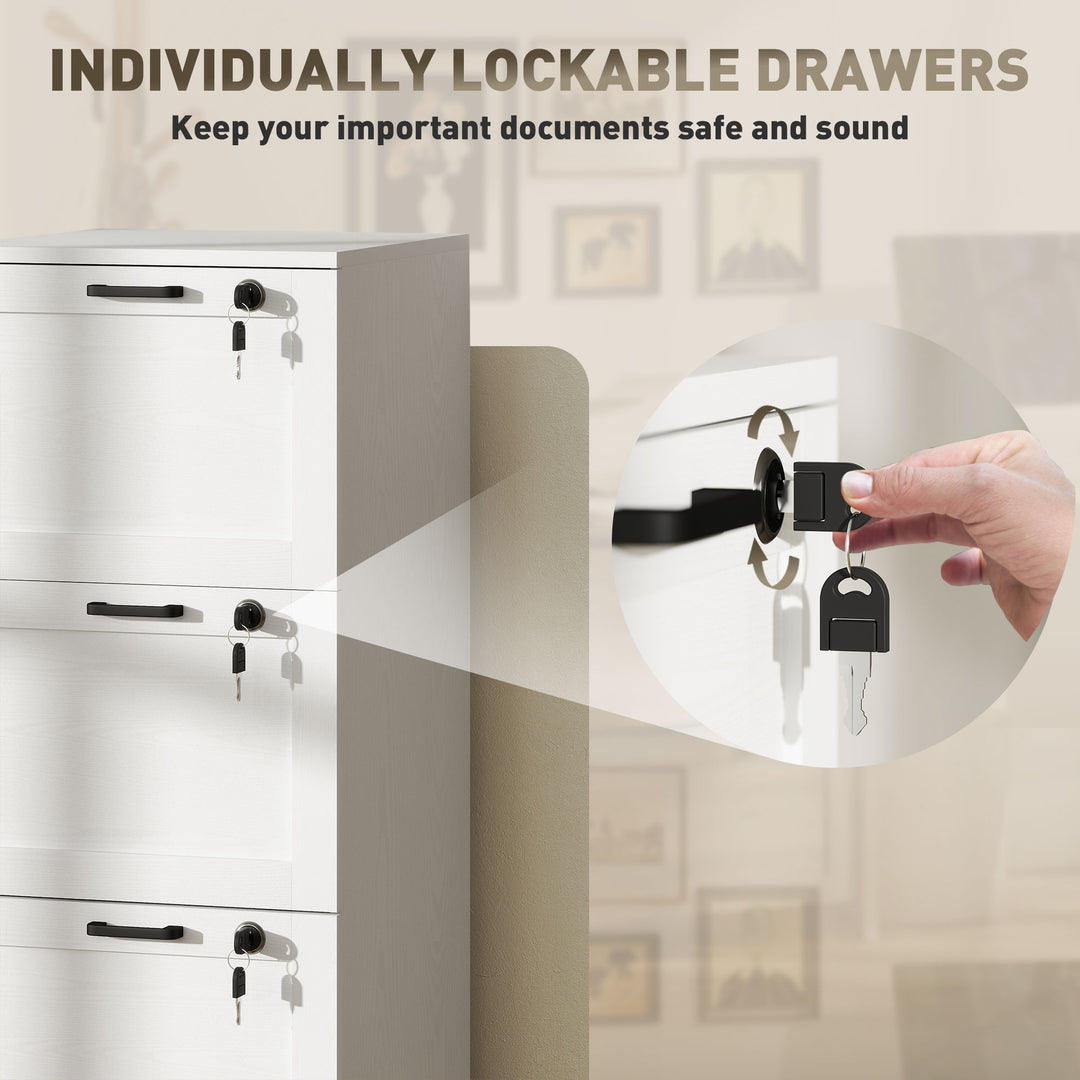 HOMCOM Vertical Filing Cabinet with 3 Drawers, Lock, File Cabinet for Home Office, A4 and Letter Size Files, White