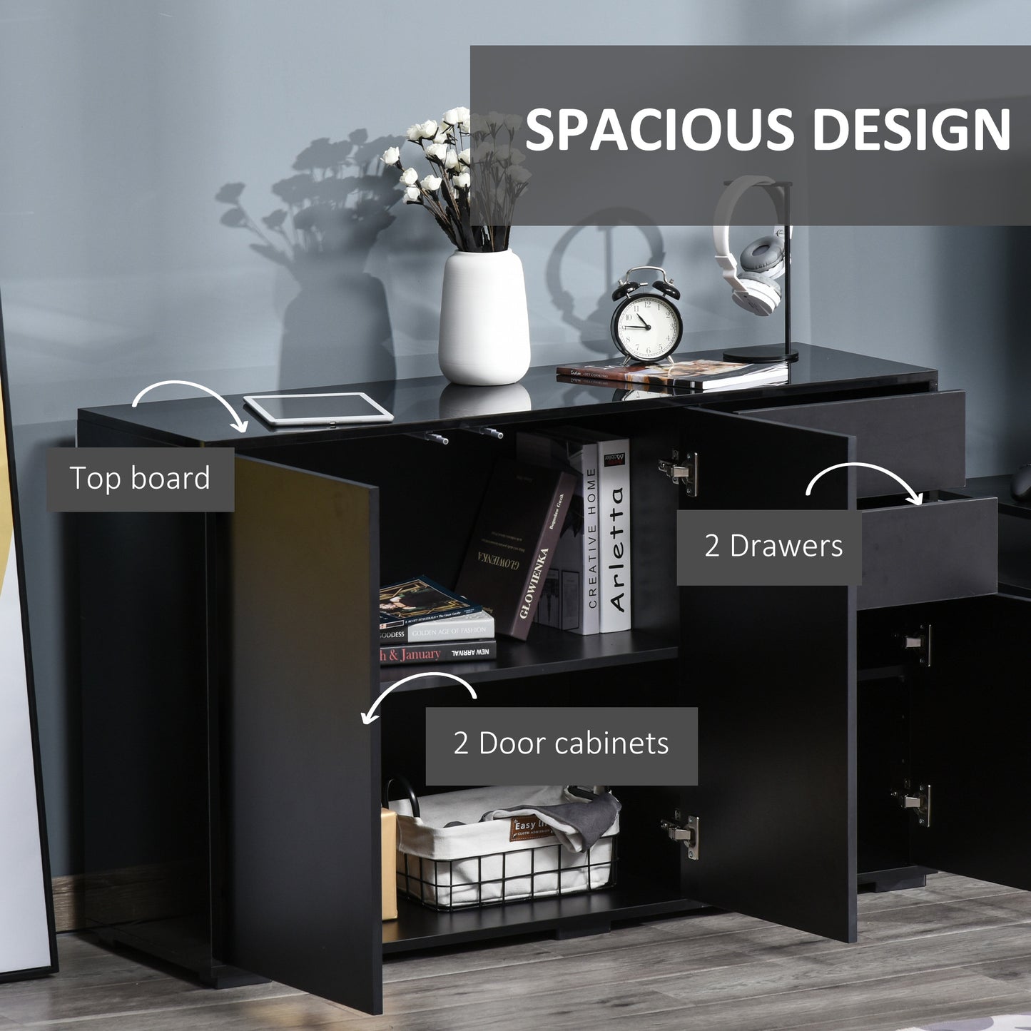 HOMCOM Kitchen Sideboard Storage Cabinet, Modern Coffee Bar with Push-Open Design and 2 Drawers for Living Room, Black