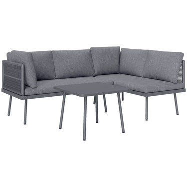 Outsunny 3 Pieces Outdoor Furniture Set, L Shaped Wicker Patio Furniture Conversation Set with Cushions, Steel Table, Grey