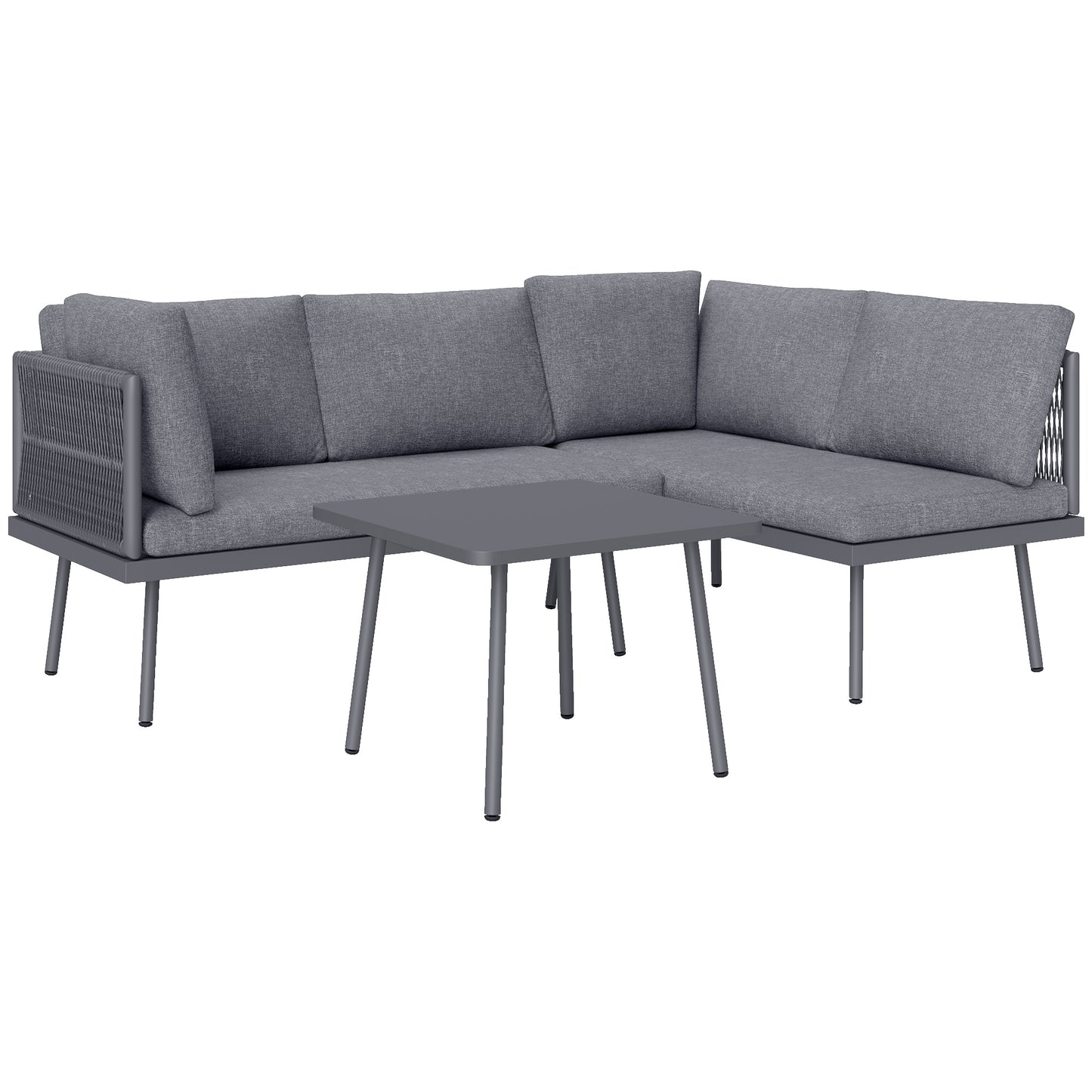 Outsunny 3 Pieces Outdoor Furniture Set, L Shaped Wicker Patio Furniture Conversation Set with Cushions, Steel Table, Grey
