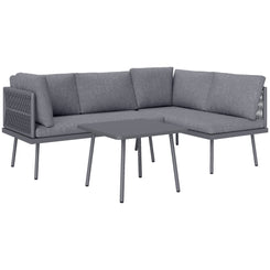Outsunny 3 Pieces Outdoor Furniture Set, L Shaped Wicker Patio Furniture Conversation Set with Cushions, Steel Table, Grey