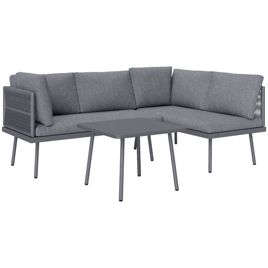 Outsunny 3 Pieces Outdoor Furniture Set, L Shaped Wicker Patio Furniture Conversation Set with Cushions, Steel Table, Grey