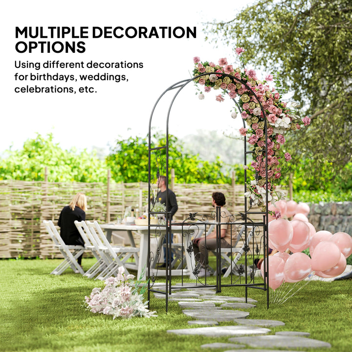 Outsunny 7ft Steel Garden Arch with Gate, Garden Arbor Trellis for Climbing Plants, Roses, Vines, Wedding Arch for Outdoor, Garden, Lawn, Backyard, Black