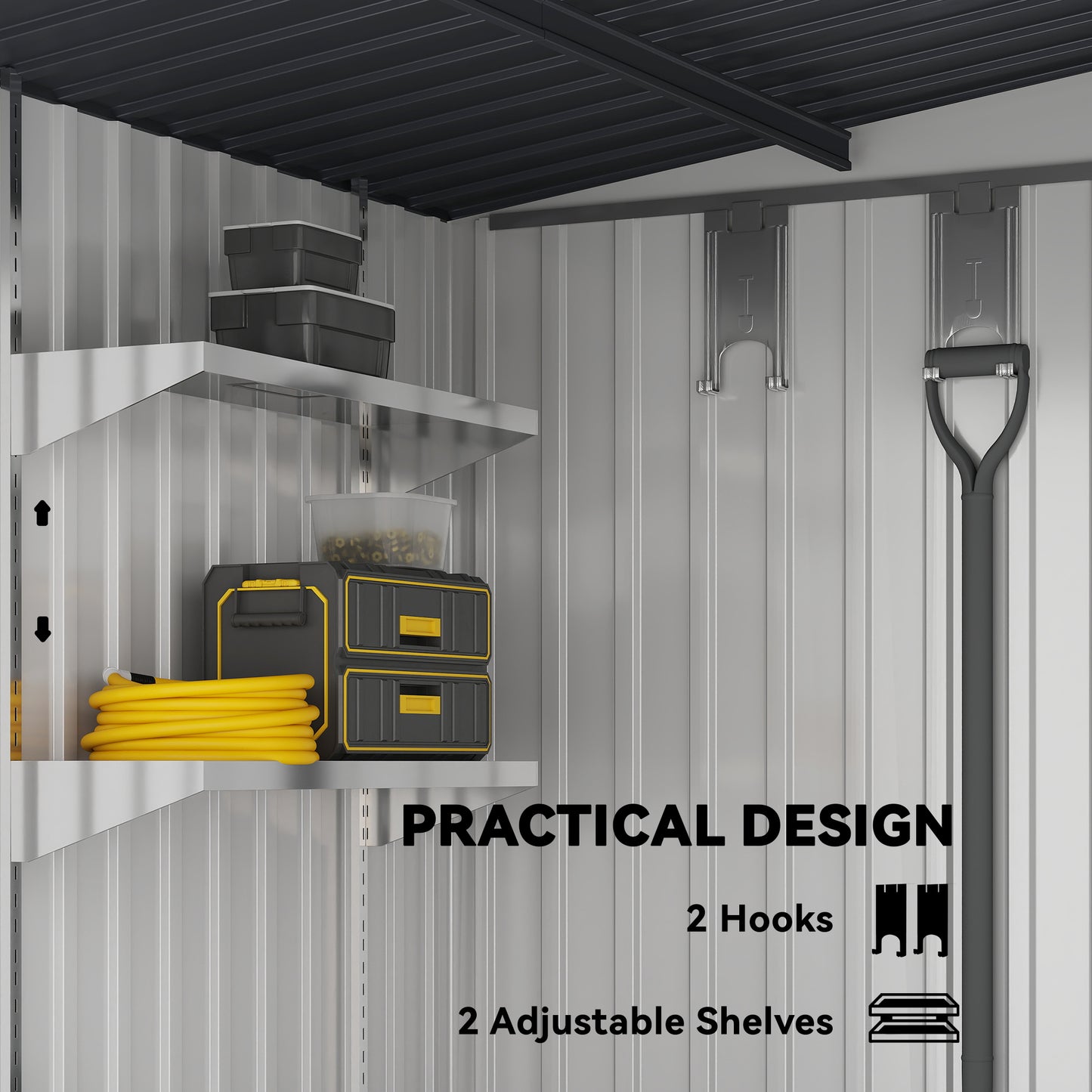 Outsunny 5'x7' Lean to Galvanized Metal Shed with Foundation, Garden Tool Storage House with Sliding Door and 2 Vents, White