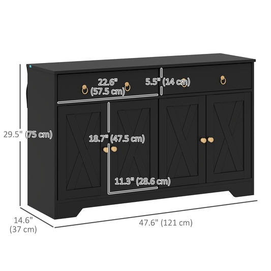 HOMCOM Sideboard Cabinet with 2 Drawers, 4 Barn Doors and 2 Adjustable Shelves, Buffet Table for Living Room, Black